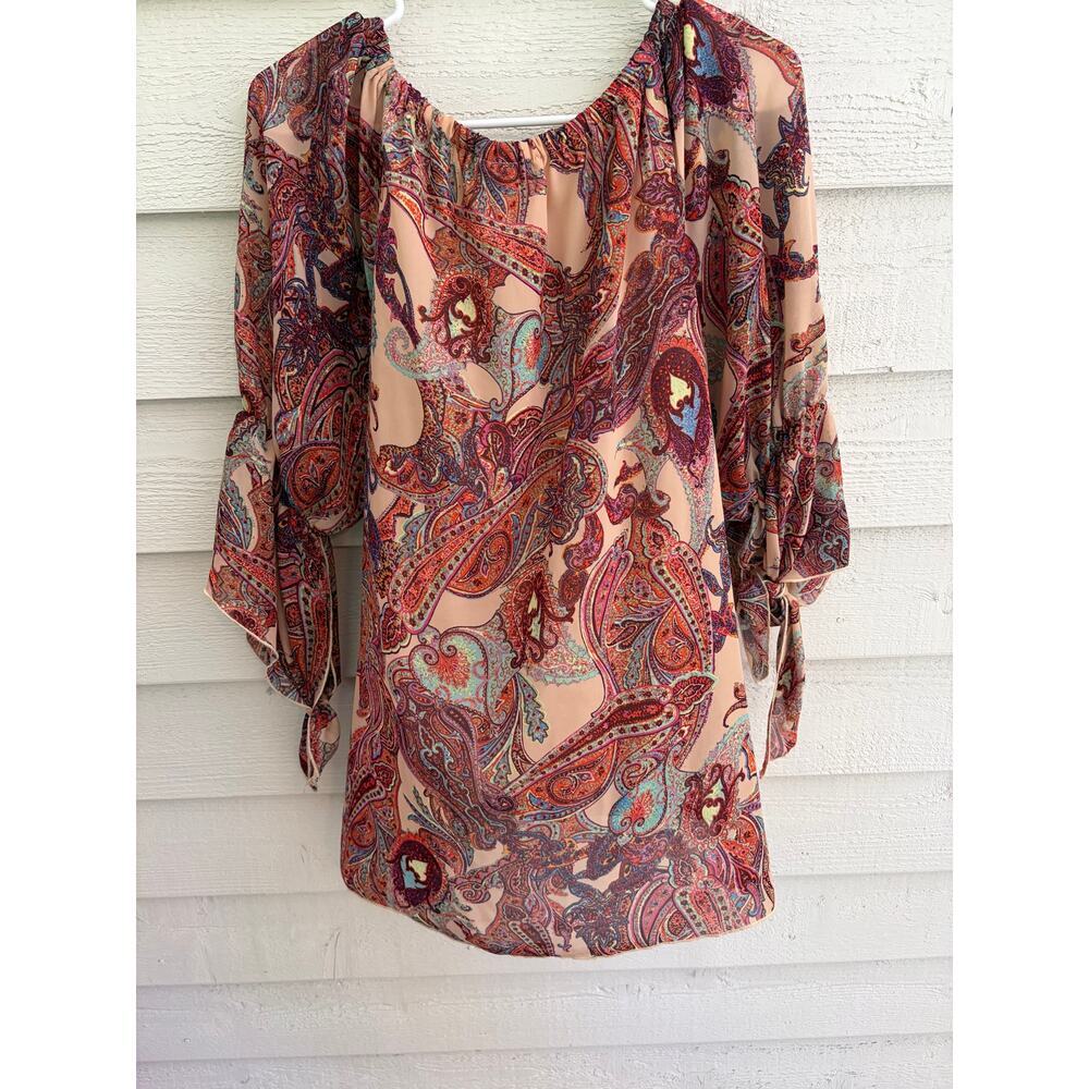 New Directions Paisley Peasant Blouse Size L Boho Off-Shoulder Tie Sleeve Top - Picture 4 of 4